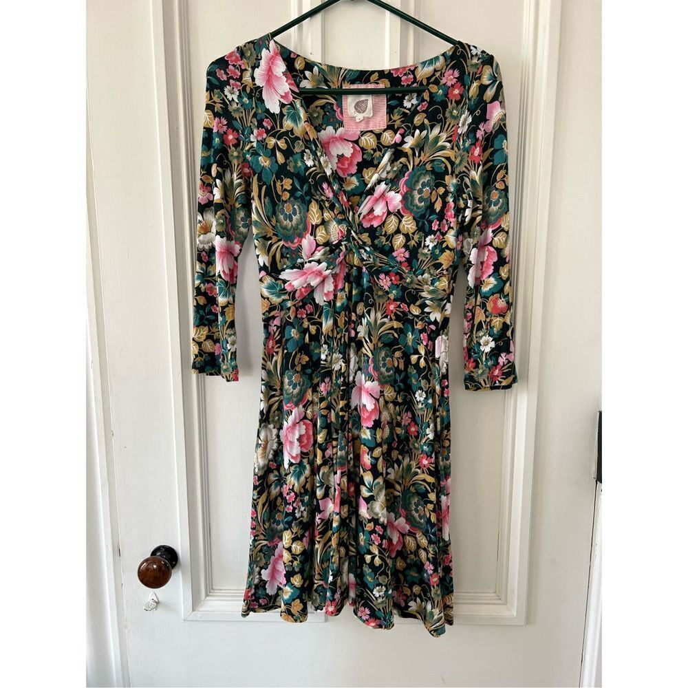 Anthropologie Lilka long sleeve floral v-neck dress green pink white gold S